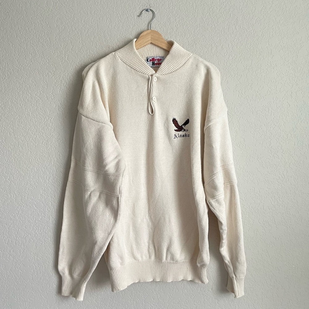 Vintage College House Sweater Extra Large Alaska Cream 90s Cotton Made in USA